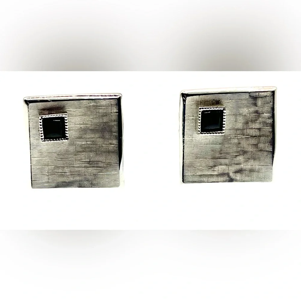 Vintage Signed Swank Textured Curvy Silver Tone Square Black Glass Cufflinks
